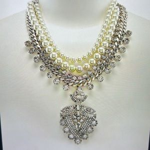 Belle Badgley Mischa Rhinestone and FauzPearl Pendant statement necklace